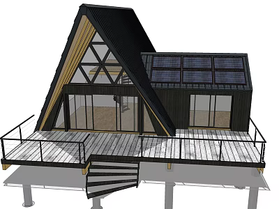 A Frame Wooden House With Solar Panels Large Glass Windows And Wooden Deck 3d model