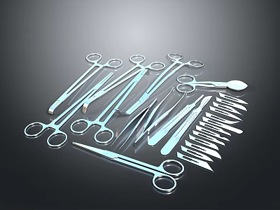 Metal Surgical Instruments Including Scissors Forceps And Scalpels Arranged Neatly On Black Background 3d model