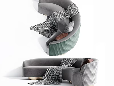Modern Curved Sectional Sofa With Gray Green Fabric Throw Blanket And Cushions 3d model