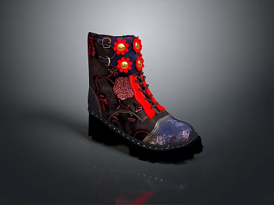 Dark Fashion Boots With Red Flower Decorations Red Laces Black Soles And Decorative Patterns 3d model
