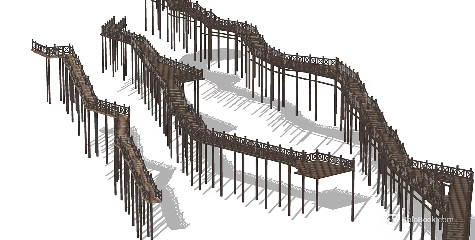 Scenic Winding Wooden Boardwalk Road Facility With Elevated Railings And Structure 3d model 