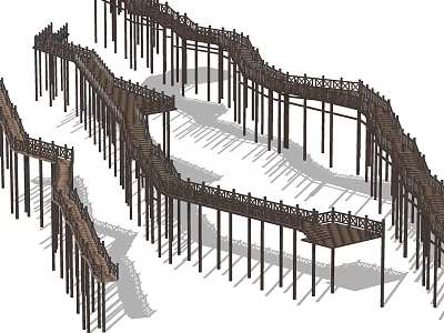 Scenic Winding Wooden Boardwalk Road Facility With Elevated Railings And Structure 3d model