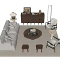 Modern Living Room Sofa and Coffee Table Set with Beige Sofa Round Table Small Stools 3d model