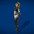Futuristic Female Character In Black And White Armor With Blonde Ponytail And Blue Glowing Elements