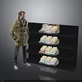 Black Multi tiered Storage Shelf With Various Packaged Items And Man Standing Next To