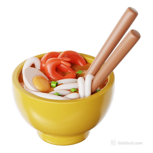 Delicious Noodle Soup In Yellow Bowl With Shrimp Egg Green Onions And Chopsticks 3d model 