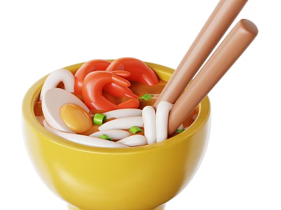 Delicious Noodle Soup In Yellow Bowl With Shrimp Egg Green Onions And Chopsticks 3d model