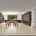 School Interior With Wooden Curved Ceiling Mural Bookshelves And Plants