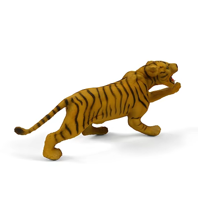 Realistic Yellow Tiger Toy Featuring Black Stripes in Dynamic Running Pose with Open Mouth 3d model