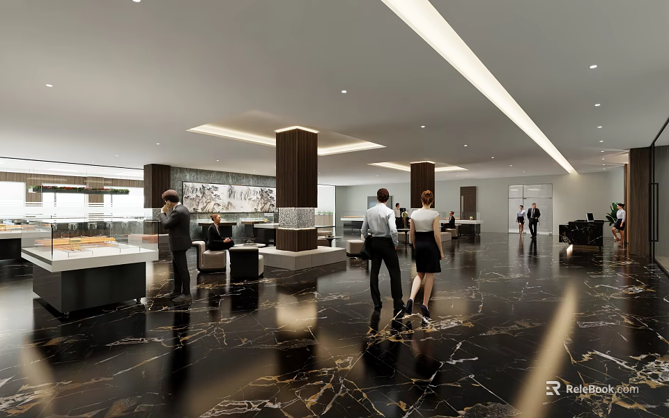 Modern Spacious Office Lobby Interior With Polished Marble Floor And Professional Busy Business Staff 3d model 