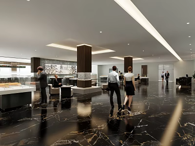 Modern Spacious Office Lobby Interior With Polished Marble Floor And Professional Busy Business Staff 3d model