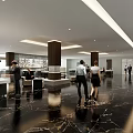 Modern Spacious Office Lobby Interior With Polished Marble Floor And Professional Busy Business Staff