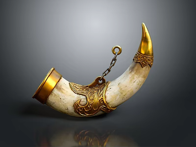 Ornate Decorative Horn With Golden Accents Ivory Body Chain And Intricate Carvings 3d model