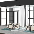 Modern Lounge Area Interior With Large Windows White Curtains And Comfortable Tables Chairs