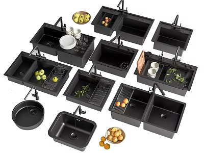 Stylish Black Kitchen Sinks With Fresh Fruits Plates And Utensils 3d model