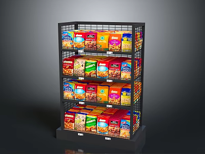 Multi Tiered Grid Retail Display Shelf With Colorful Cereal Boxes And Grocery Products 3d model