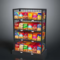Multi Tiered Grid Retail Display Shelf With Colorful Cereal Boxes And Grocery Products