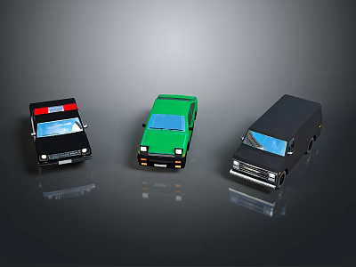Toy Cars Collection Featuring Black Police Car Green Sedan And Black Van 3d model