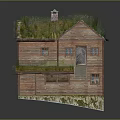 Traditional Wooden Two Story House With Grass Roof Chimney And Staircase