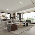 Modern Open Layout Living Dining Room With Gray Sofa Coffee Table And Large Windows 3d model