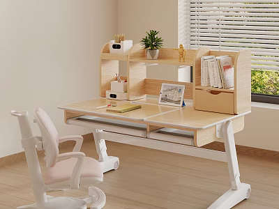 Modern Home Study Space With Adjustable Desk Pink Chair Potted Plant And Shelf 3d model