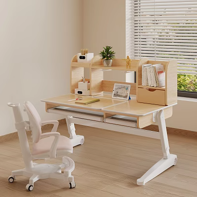 Modern Home Study Space With Adjustable Desk Pink Chair Potted Plant And Shelf 3d model