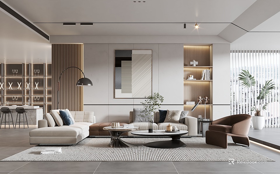 Modern Elegant Living Room Interior With Sofa Coffee Table Floor Lamp Decorative Painting And Shelves 3d model 