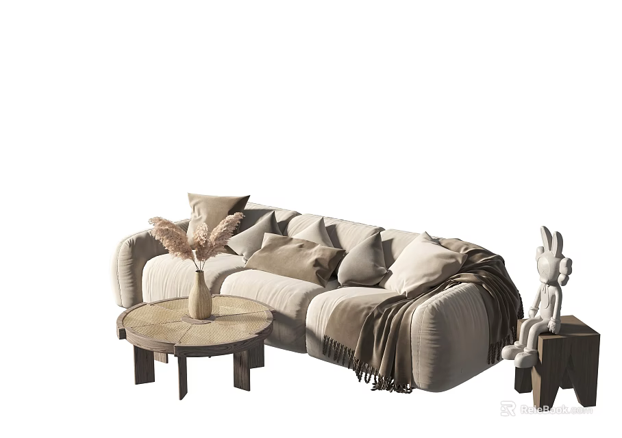 Beige Three Seater Sofa With Cushions Knitted Throw Coffee Table Vase Pampas Grass Plush Rabbit 3d model 