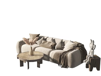 Beige Three Seater Sofa With Cushions Knitted Throw Coffee Table Vase Pampas Grass Plush Rabbit 3d model