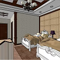Hotel Guest Room Interior with Twin Beds Bathroom Carpet and Chandelier