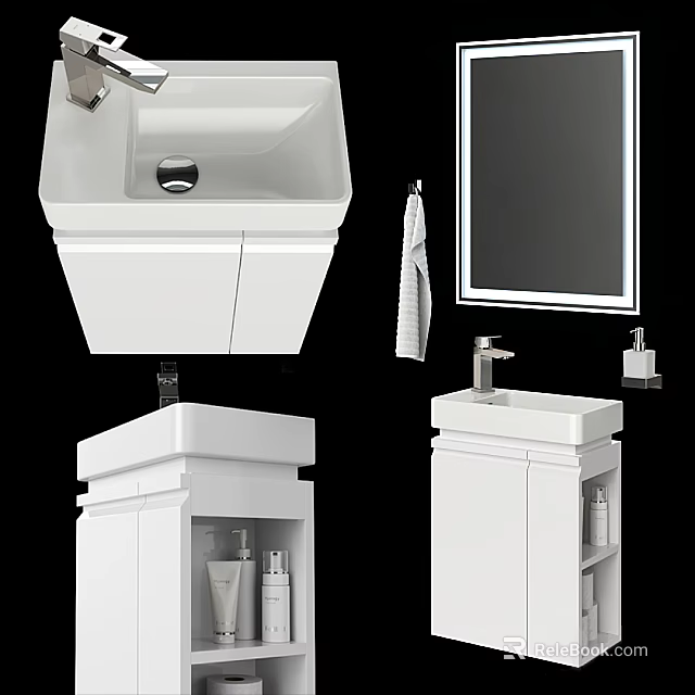 Modern Bathroom Sink Design With Cabinet Mirror Towel And Soap Dispenser 3d model 