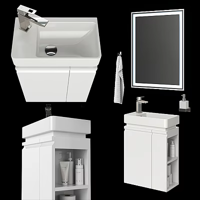 Modern Bathroom Sink Design With Cabinet Mirror Towel And Soap Dispenser 3d model