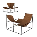 Modern Leisure Chair with Curved Brown Leather Seat and Metal Frame Design
