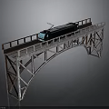 Rusty Metal Truss Bridge With Black Moving Train And Gray Background
