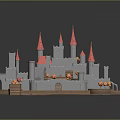 3D Designed Castle Structure Featuring Red Spires Gray Walls Green Grass And Orange Decor