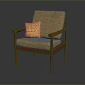 Modern Wooden Frame Chair With Brown Fabric Seat And Orange Geometric Pillow