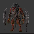 Fantasy Warrior Creature With Muscular Build Red Black Scaled Skin And Large Bladed Weapons