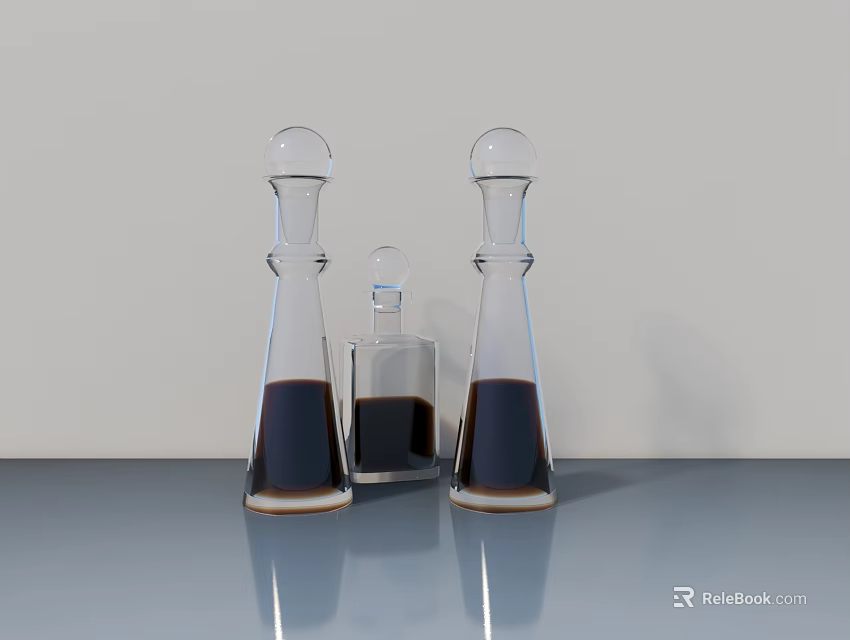 Tall And Small Ceramic Vessels With Dark Liquid On Smooth Gray Table 3d model 