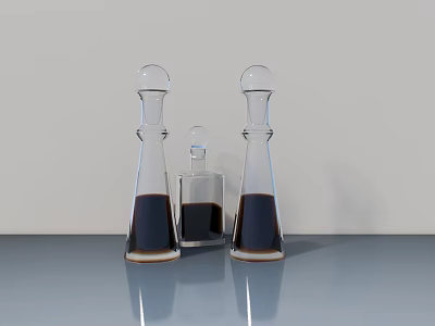 Tall And Small Ceramic Vessels With Dark Liquid On Smooth Gray Table 3d model