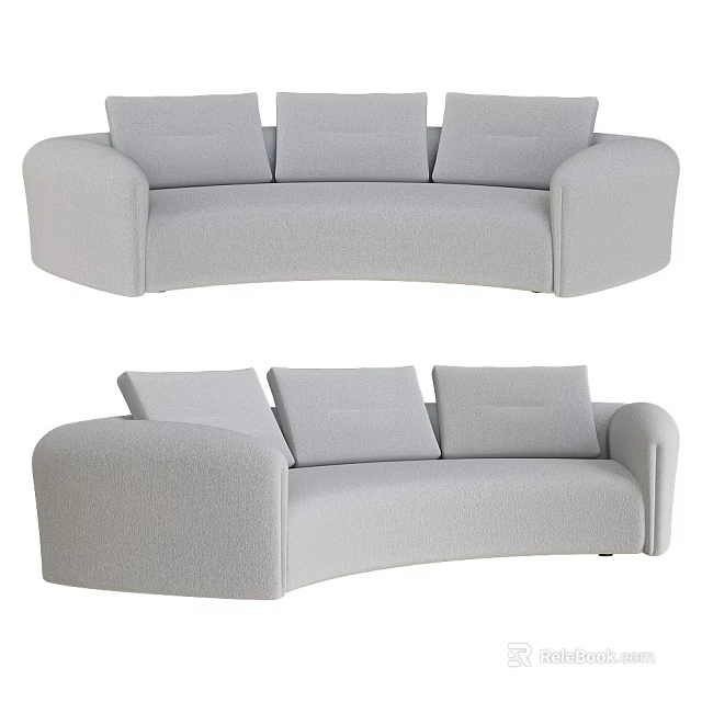 Modern Gray Curved Sofa With Three Soft Cushions And Comfortable Fabric Upholstery 3d model 