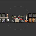 Essential Music Gear Setup With Keyboard Drum Set Electric Guitar Amplifiers Microphone Stands And Drumsticks