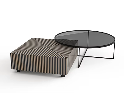 Modern Coffee Table With Square Striped Wooden Base And Round Glass Top Black Metal Frame 3d model