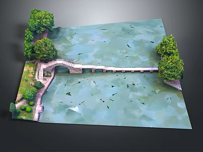 Tranquil River Scene With Stone Bridge Lush Trees And Floating Water Birds 3d model