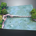 Tranquil River Scene With Stone Bridge Lush Trees And Floating Water Birds
