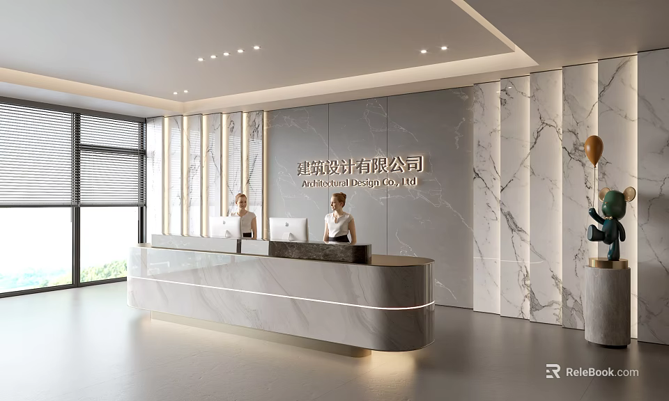Modern Reception Area With Marble Wall And Curved Desk In Architectural Design Company Office 3d model 