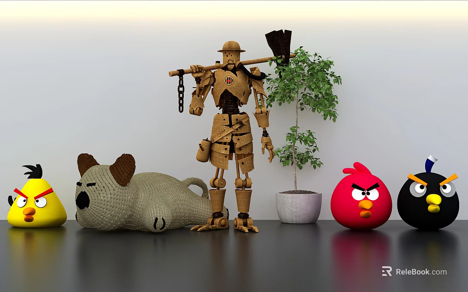 Assorted Dolls Including Cardboard Robot Plush And Angry Birds Figures With Potted Plant 3d model 
