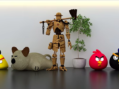 Assorted Dolls Including Cardboard Robot Plush And Angry Birds Figures With Potted Plant 3d model