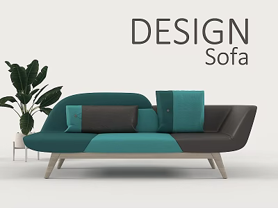 Modern Design Sectional Sofa With Teal And Gray Cushions And Indoor Plant 3d model
