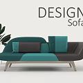 Modern Design Sectional Sofa With Teal And Gray Cushions And Indoor Plant