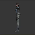 Woman in Blue Tactical Outfit With Utility Belt Backpack Standing Arms Outstretched